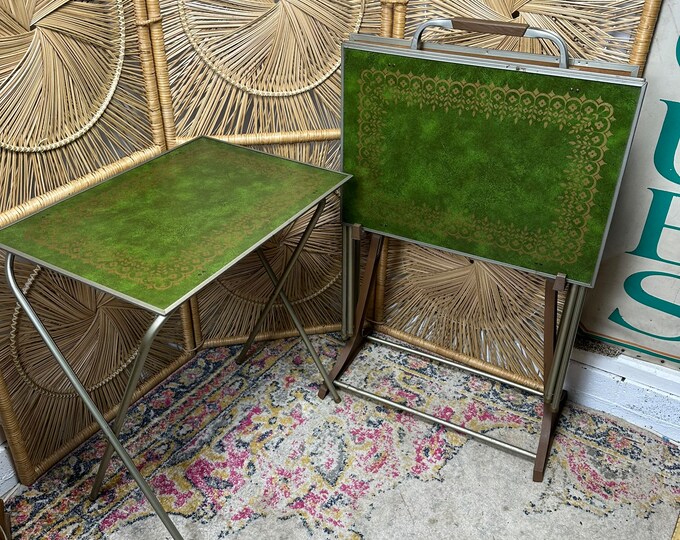 Vintage 60s Lavada TV Trays With Standset of 4 Lavada Green and Gold