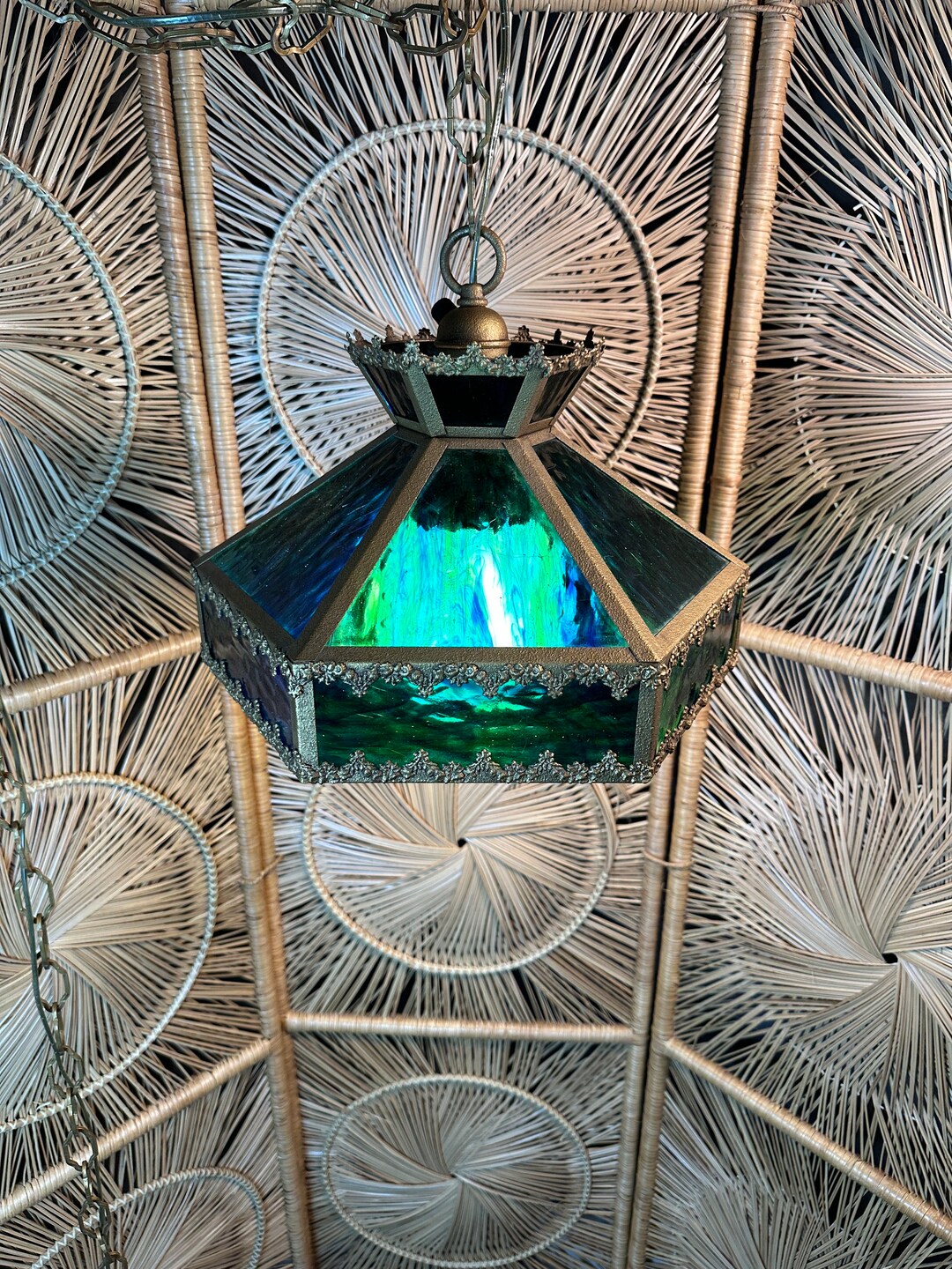 Vintage Stained Glass Swag Lampblue Green Glassmid Century Hanging