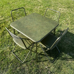 Vintage Cosco Dining Set-Folding Card Table & 4 Chairs-Green Brown-Vintage Kitchen Dining SetMid Century Furniture