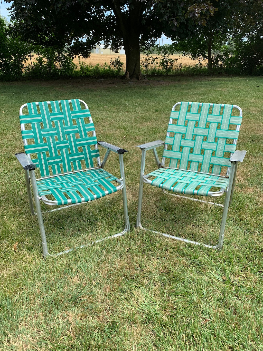 2 Vintage Webbed Aluminum Folding Lawn Chairshis and Hers Lawn Chairs