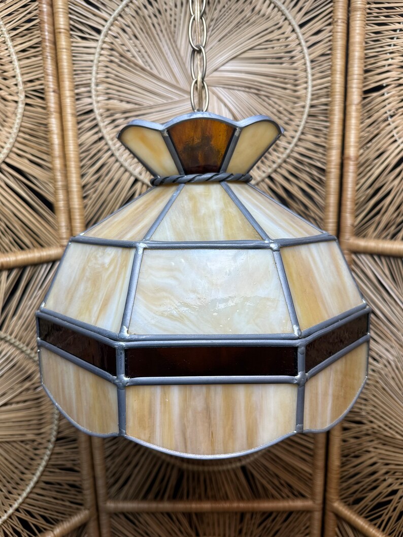 Vintage Stained Glass Swag Lampamber Glassmid Century Etsy