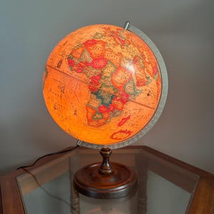 Vintage Globe Lamp-Globe Table Lamp-1980 Scan Globe-Denmark-Wooden Stand-Cartography by KARL-F. HARIG-Print by E. Gieseking