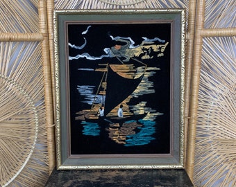 Mid Century Modern Black Velvet Oil Painting-Vintage Oil Painting-Framed-Hand-painted-Nautical Painting-Sailboat-Teal Orange Black