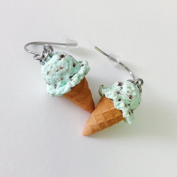 Mint Chocolate Chip Ice Cream Cone Earrings, Handmade With Polymer Clay, Cute Gift, Fun Dangling Earrings