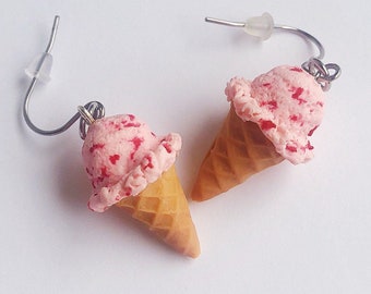 Handmade Strawberry Ice Cream Cone Earrings – Polymer Clay Jewelry