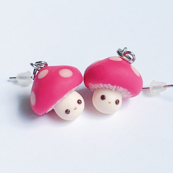 Smiling Mushroom Earrings, Pink Dangly Mushroom Earrings- No Irritation for Sensitive Ears