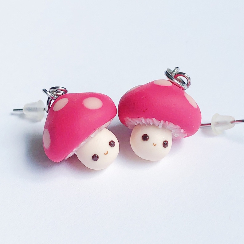 Smiling Mushroom Earrings, Pink Dangly Mushroom Earrings- No Irritation for Sensitive Ears image 1