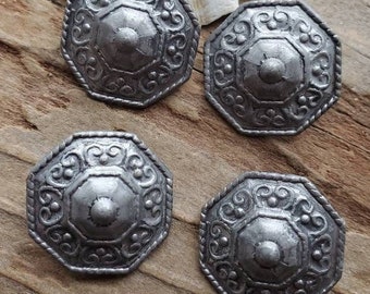 Vintage Pewter Buttons, Lot of 4, Silver Color, Hexagon, 7/8", Sewing, Jewelry Making, Jacket Buttons, Coat Buttons,  Southwestern Feel