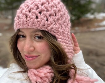 Super Chunky Trapper Hat Knitting Pattern: Easy Lace Ear Flap Beanie (PDF Pattern)