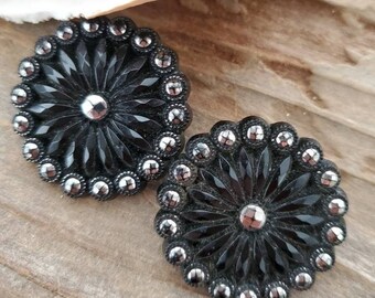 Antique Black Glass Buttons, Lot of 2, Victorian Button, Silver Luster/Etching, Gilded Age, Reenactment, Crafting,  Jewelry Making, Jacket