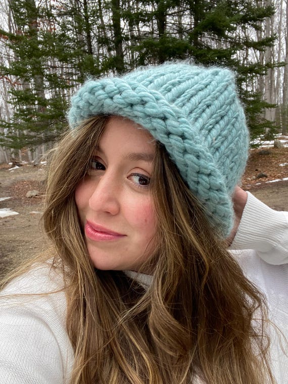 Custom Hand-knit Rolled Brim Beanie: Acrylic Wool Blend