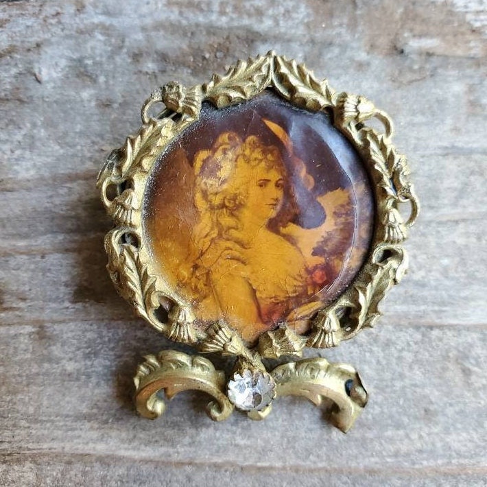 Victorian Lithograph Brooch Pin Antique Brass Statement Pin | Etsy