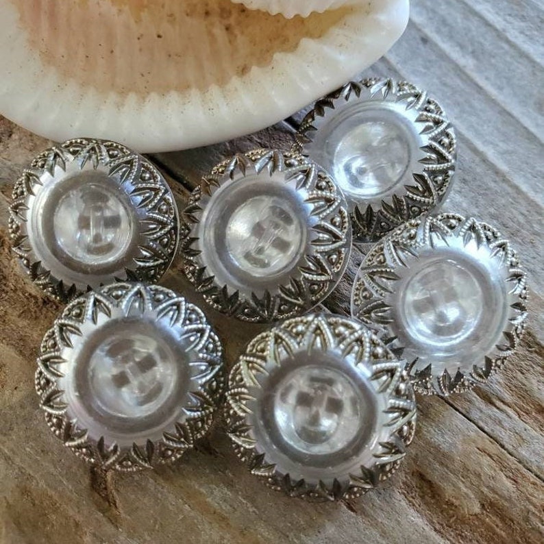 Vintage Clear Glass Buttons, Vintage Buttons, Silver Colored Border, 1940's Glass Buttons