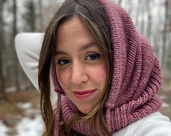 Knit Balaclava Pattern: Hooded Cowl with Drawstring (PDF Digital Download), Mohair Knitted Hooded Scarf
