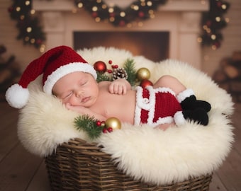 Conjunto de roupa de Papai Noel para bebê, feito à mão em crochê – Adereço para fotos de recém-nascidos | Conjunto de calça e gorro natalino