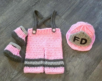 Crochet Baby Fireman Outfit – Handmade Newborn Costume, Photo Prop, Baby Shower Gift