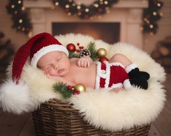 May include: A newborn baby sleeping in a wicker basket lined with cream-colored faux fur. The baby wears a red and white crocheted Santa hat, matching red and white diaper cover with a white button, and black and white crocheted booties.