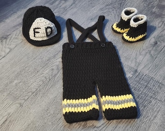 Crochet Baby Fireman Outfit – Handmade Newborn Costume, Photo Prop, Baby Shower Gift