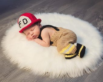 Crochet Baby Fireman Outfit – Handmade Newborn Costume, Photo Prop, Baby Shower Gift