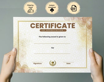 May include: A printable certificate of appreciation template with a gold and white design. The certificate has a title, "Certificate of Appreciation", and space for the recipient's name, the reason for the award, and the date. The certificate is decorated with a gold border and a subtle watercolor background.