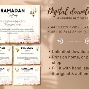 May include: A printable Ramadan certificate template with a watercolor illustration of a mosque. The certificate is available in two sizes: 8.3x11.7 inches (A4) and 4.1x5.8 inches (A6).