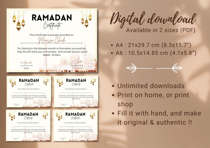 May include: A printable Ramadan certificate template with a watercolor illustration of a mosque. The certificate is available in two sizes: 8.3x11.7 inches (A4) and 4.1x5.8 inches (A6).