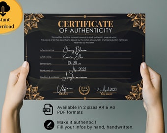 Black Lotus Handwrriten Certificate of Authenticity Template Printable, Certificate of Original Artworks, Filled by Hand, A6 & A4 PDF format