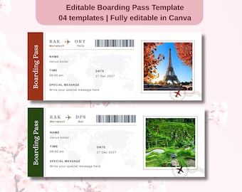 Tarjeta de embarque para viaje sorpresa, plantilla editable de Canva, billete de avión imprimible, descarga digital de billete de embarque DIY.