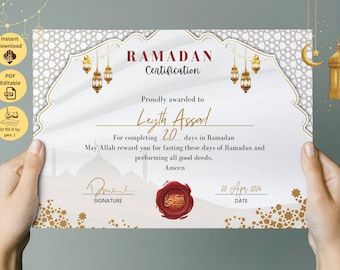May include: A white certificate with a gold border and ornate design. The text "RAMADAN Certification" is at the top. The certificate is awarded to Leyth Assad for completing 20 days in Ramadan. The date is 20 Apr 2024.