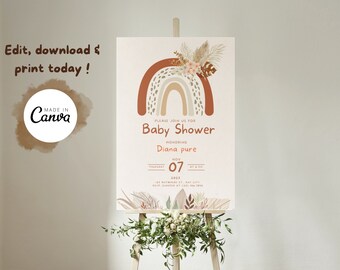 Boho Baby Shower Welcome Sign Template, Vintage Rainbow Leopard, Neutral Baby, Rainbow Baby, Canva template, Editable Instant download