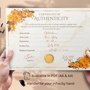 Wildflower Certificate of Authenticity Printable, Floral Elegant Authenticity Certificate PDF for Original artwork, Filled by Hand, PDF