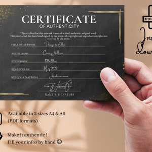 Certificate of Authenticity Template Printable, Black vintage Authenticity Certificate PDF for Original artwork, Filled by Hand, PDF formats