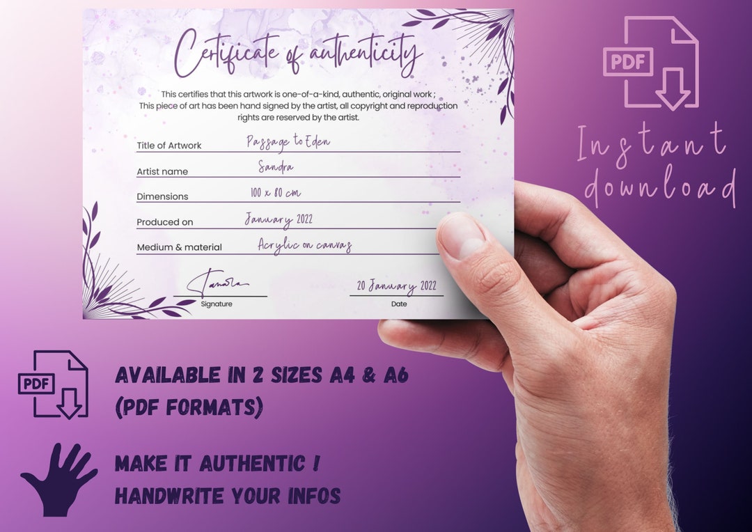 Certificate of Authenticity Template Printable, Purple Stylish