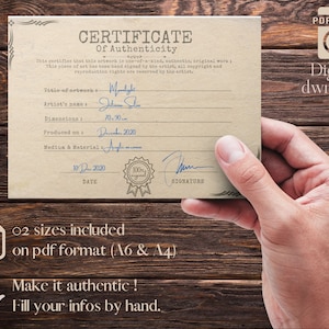 Vintage Echtheitszertifikat Vorlage zum Ausdrucken, Vintage Echtheitszertifikat für Originalkunstwerke, von Hand gefüllt, PDF-Formate
