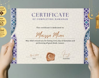 May include: A certificate of completion for Ramadan, with a decorative border and a gold seal. The certificate is dedicated to Maissa Mian. The date is April 2014.