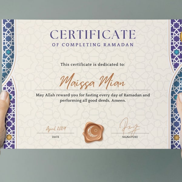 Islamic Certificate of completing Ramadan, Kids Award for First Ramadan,  Certificate for Fasting Ramadan, Digital Download, PDF Printable