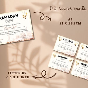 May include: A printable Ramadan certificate template in two sizes: 8.5 x 11 inches and A4 (21 x 29.7 cm). The certificate features a watercolor background with a mosque and lanterns, and the text "Ramadan Certificate".