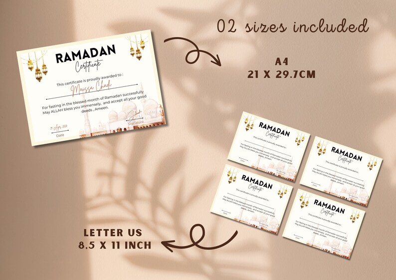 May include: A printable Ramadan certificate template in two sizes: 8.5 x 11 inches and A4 (21 x 29.7 cm). The certificate features a watercolor background with a mosque and lanterns, and the text "Ramadan Certificate".