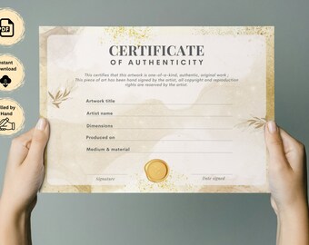 Blanc Beige Dusty Certificate of Authenticity Template Printable, Certificate of Original Artworks, Filled by Hand, A6 & A4 PDF formats