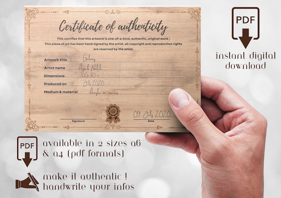Wooden Certificate of Authenticity Template Printable, Vintage