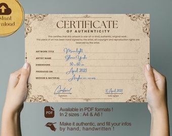 Vintage Certificate of Authenticity Template Printable, Vintage Authenticity Certificate for Original artworks, Filled by Hand, PDF formats