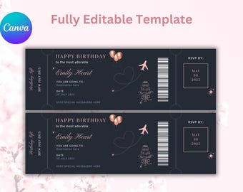 Billet d'embarquement d'anniversaire imprimable sur Canva, carte d'embarquement surprise, modèle, billet cadeau modifiable, billet de voyage, téléchargement numérique