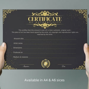 Plantilla de certificado de autenticidad vintage boho negro imprimible, certificado de obras de arte originales, rellenado a mano, formatos PDF A6 y A4