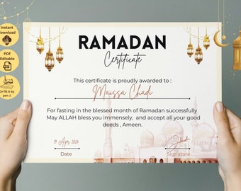 May include: A printable Ramadan certificate with a watercolor illustration of a mosque and lanterns. The text reads "Ramadan Certificate" and "This certificate is proudly awarded to: Maissa Chad" and "For fasting in the blessed month of Ramadan successfully May ALLAH bless you immensely, and accept all your good deeds, Ameen." The date is "19 Apr 2024".
