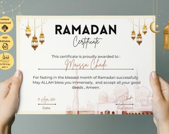 Beige Blanc Certificate Ramadan Fasting, Kids Award for First Ramadan, Eid appreciation Gift, Digital Certificate for Fasting Ramadan