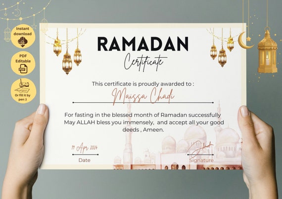 Beige Blanc Certificate Ramadan Fasting, Kids Award for First Ramadan, Eid appreciation Gift, Digital Certificate for Fasting Ramadan