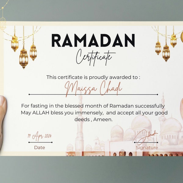 Certificado Beige Blanc Ayuno de Ramadán, Premio para niños por el primer Ramadán, Regalo de apreciación de Eid, Certificado digital por el ayuno de Ramadán