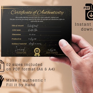 Certificaat van echtheid sjabloon afdrukbaar, zwart luxe authenticiteitscertificaat PDF voor originele kunstwerken, met de hand gevuld, PDF-formaten