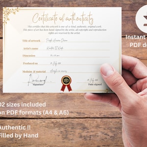Plantilla de certificado de autenticidad Imprimible, certificado de autenticidad de lujo en PDF para obras de arte originales, rellenado a mano, formatos PDF