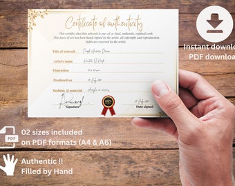 Certificate of Authenticity Template Printable, luxury Authenticity Certificate PDF for Original artworks, Filled by Hand, PDF formats